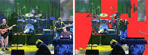 Original image of Steely Dan concert (left); modified image with band members removed leaving transparent background, shown here in red (right).