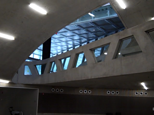 Milstein Hall's interconnected spaces -- crit space below, lobby/bridge in the middle, and studios above -- can be seen in this image