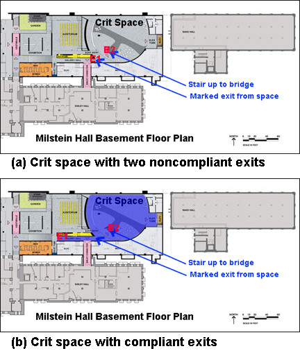 Figure 2. Milstein Hall plans showing how two noncompliant exits can be made compliant