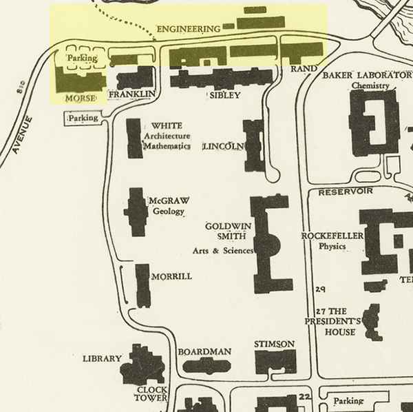 Fig. 3 The Campus of Cornell University, Ithaca, NY, 1951 (yellow highlighted region shows industrial-type structures) https://olinuris.library.cornell.edu/exhibitions/olinat50/library-born)