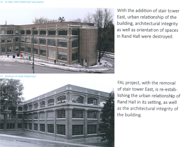 Fig. 27 In 1968, Stair Tower East was Added (p.19); Removal of Stair Tower East (p.20). Image has been cropped to reduce size and some text has been enlarged for clarity