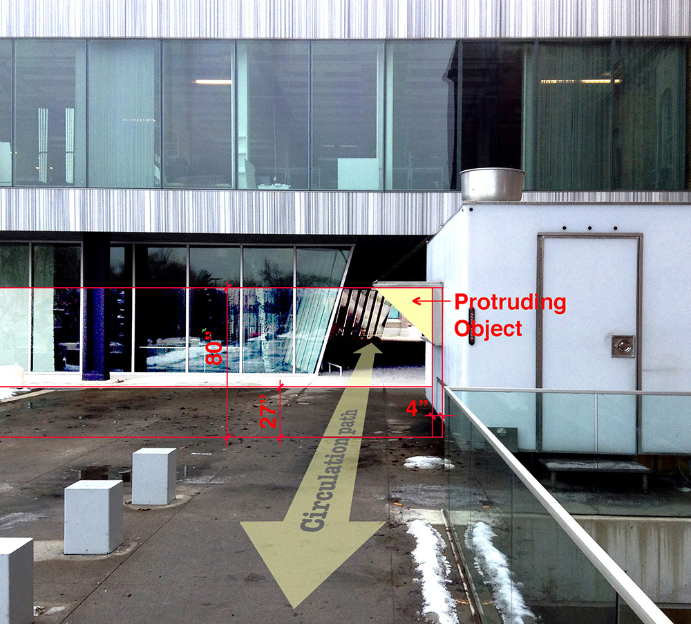 Annotated photo of food truck at Cornell University showing noncompliance with ADA standards for protruding objects
