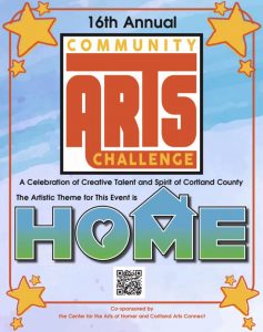 Poster for 16th Annual Community Arts Challenge with the artisitic theme of "Home" cosponsored by the Center for the Arts of Homer and Cortland Arts Connect